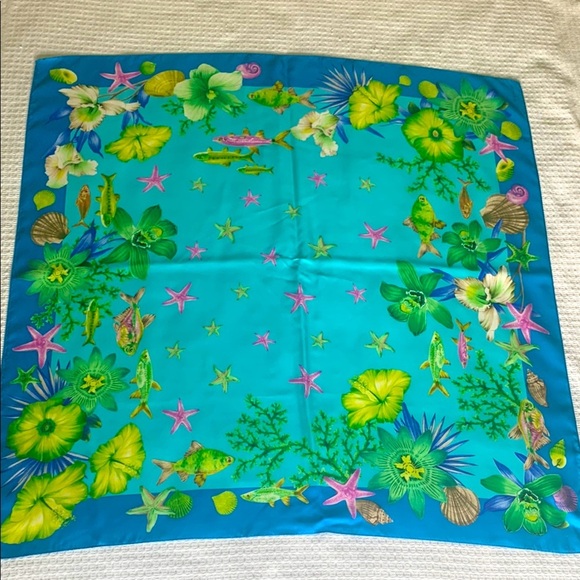 Echo square silk scarf, bright fish, and floral pattern - Picture 1 of 6